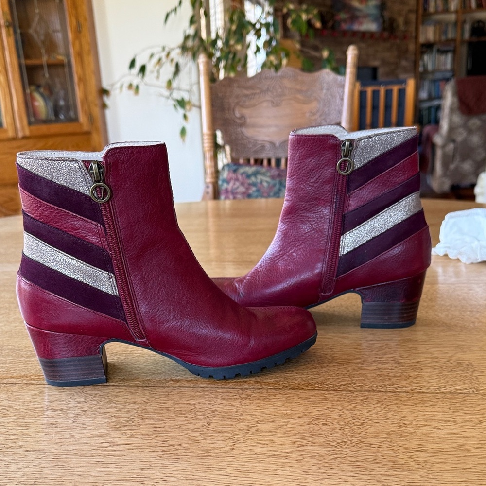 Jambu Burgundy Leather Ankle Boots with Metallic Stripes